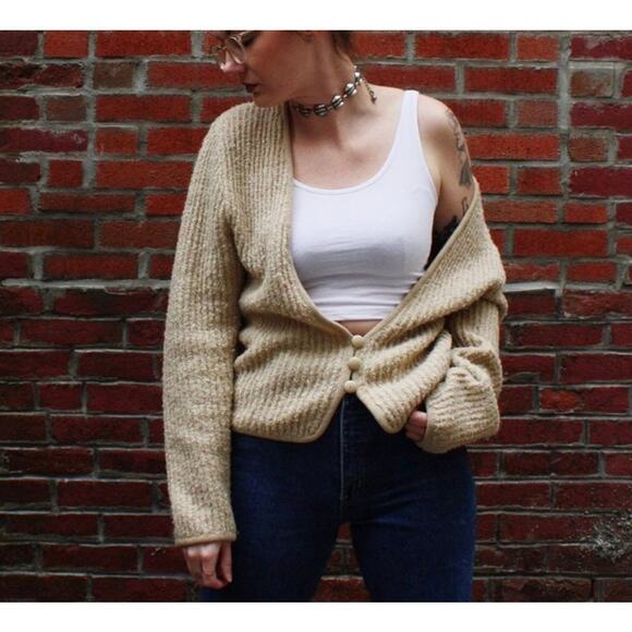 Vintage 90s Knit Cardigan | Slouchy Neutral Textured Sweater | Size M - Picture 1 of 7